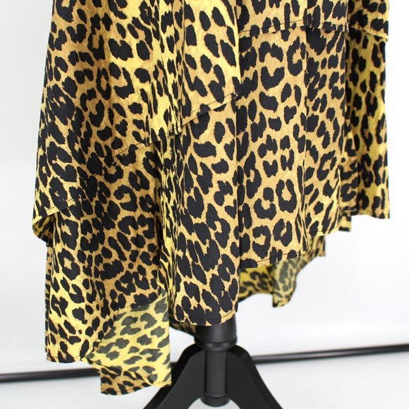 Ganni Leopard Print Cotton Wrap Dress 34 High Low Ruffle Hem Puffy Sleeve Small - Picture 4 of 9